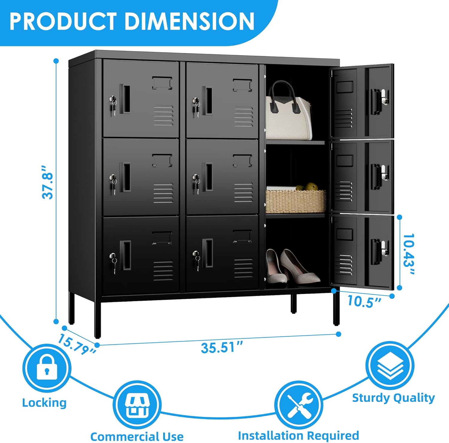 METAN Metal Locker with Padlock and Keys for School Office Gym Bedroom, 9 Doors Black Steel Storage Locker Cabinet for Employees Industrial Storage,Assembly Required
