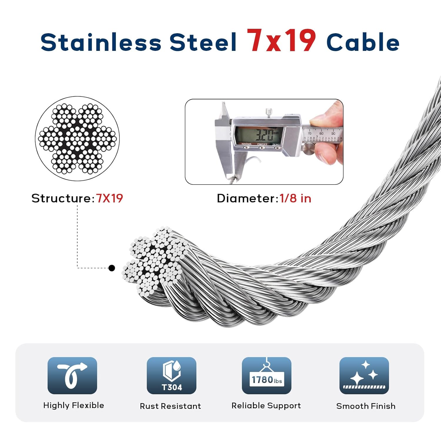 1/8 Inch Stainless Steel Cable 164FT, 7x19 Strand Wire Rope Kit with Thimbles, Clips & Aluminium Sleeves for Plants Climbing, Deck Fence Railing, String Light Haning and DIY Projects