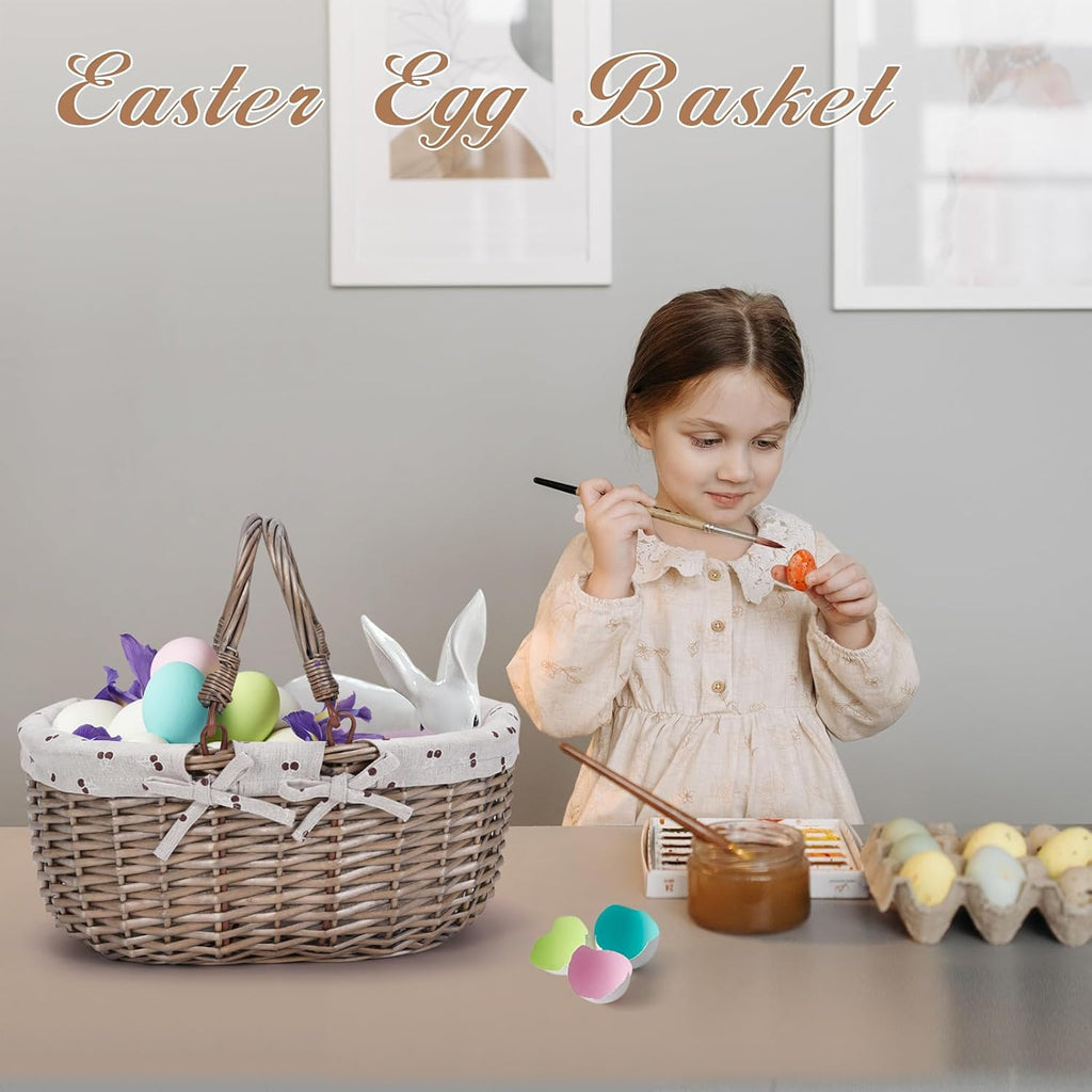 G GOOD GAIN Oval Picnic Basket with Folding Handles, Willow Hand Woven Shopping Basket, Bath Toy Kids Toy Storage Gift Packing Basket, Wicker Empty Easter Eggs and Candy Small Gift Basket. Beige