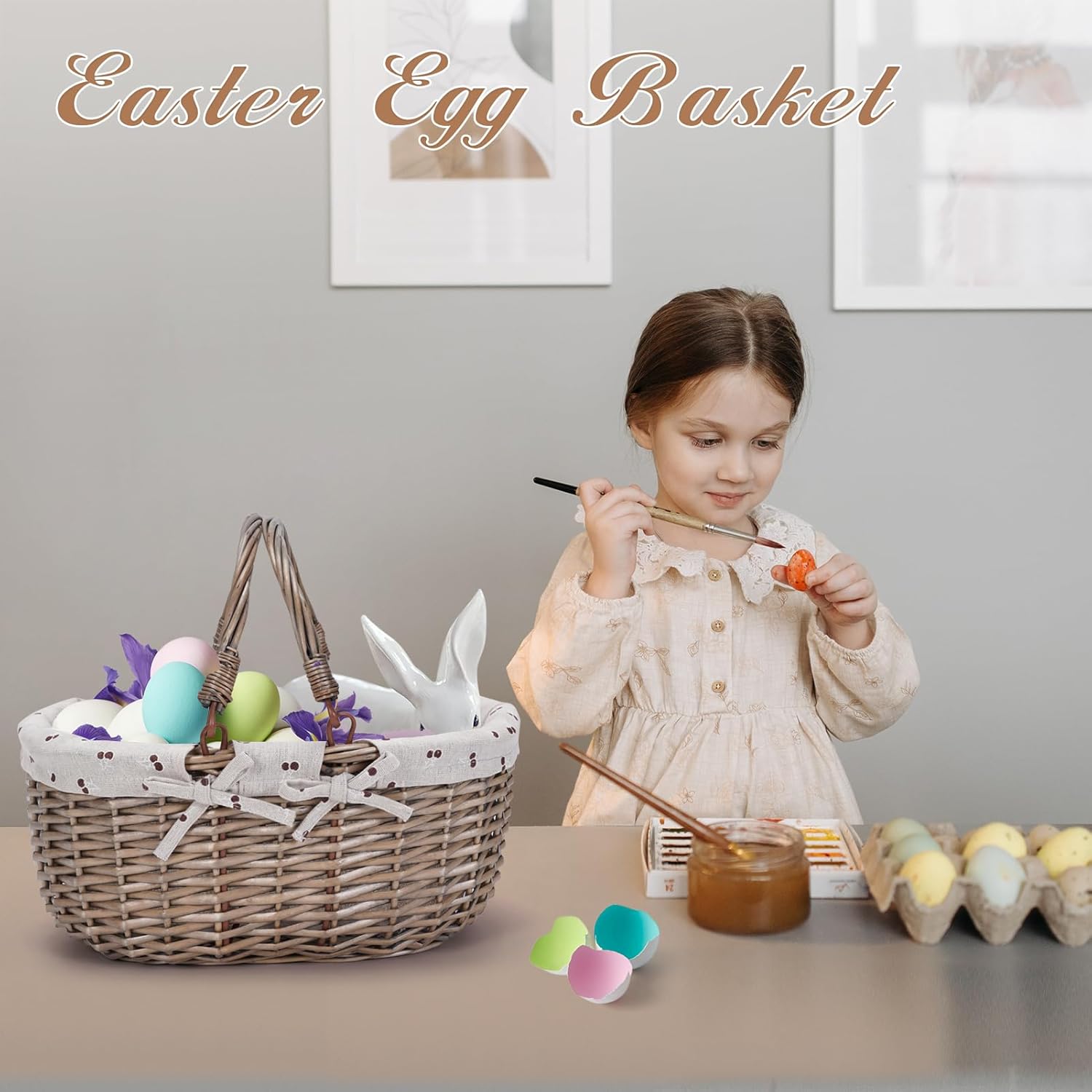 G GOOD GAIN Oval Picnic Basket with Folding Handles, Willow Hand Woven Shopping Basket, Bath Toy Kids Toy Storage Gift Packing Basket, Wicker Empty Easter Eggs and Candy Small Gift Basket. Beige