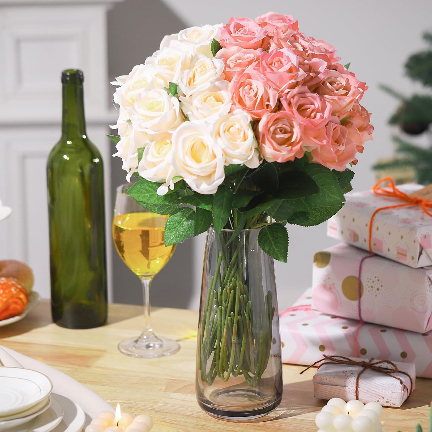 36 Pcs Pink Champagne Rose Artificial Flowers Bulk with Long Stem,Realistic Silk Fake Roses Plastic Roses Bouquet Artificial Flowers for Bridal Wedding Arrangement Table Centerpieces Decor