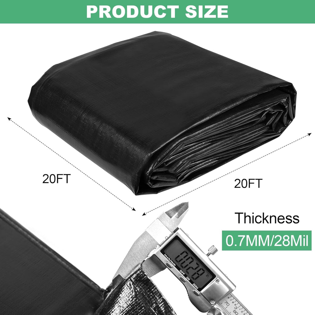 MYFAMIREA 20 x 20FT Pond Liner, 28Mil PE Preformed Pond Liner with 16 Hemmed Edge Buttonholes Sun Resistant Easy Cutting for Outdoor Ponds, Fish Koi Ponds, Garden Fountain, Waterfall Ponds