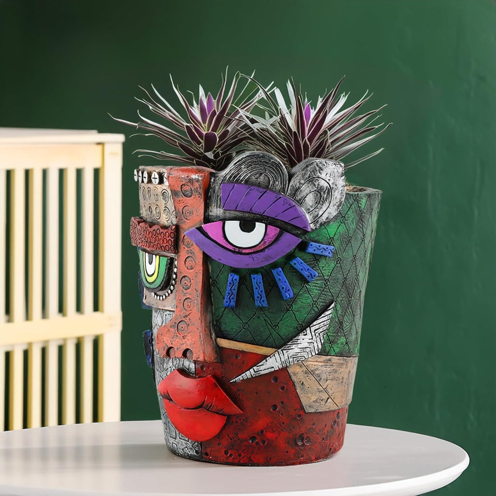 TOZLU Picasso Brutalist Beauty Face Flower Pot - Head Planter with Colorful Face Art - Resin & Flower (Stare Flower Pot)