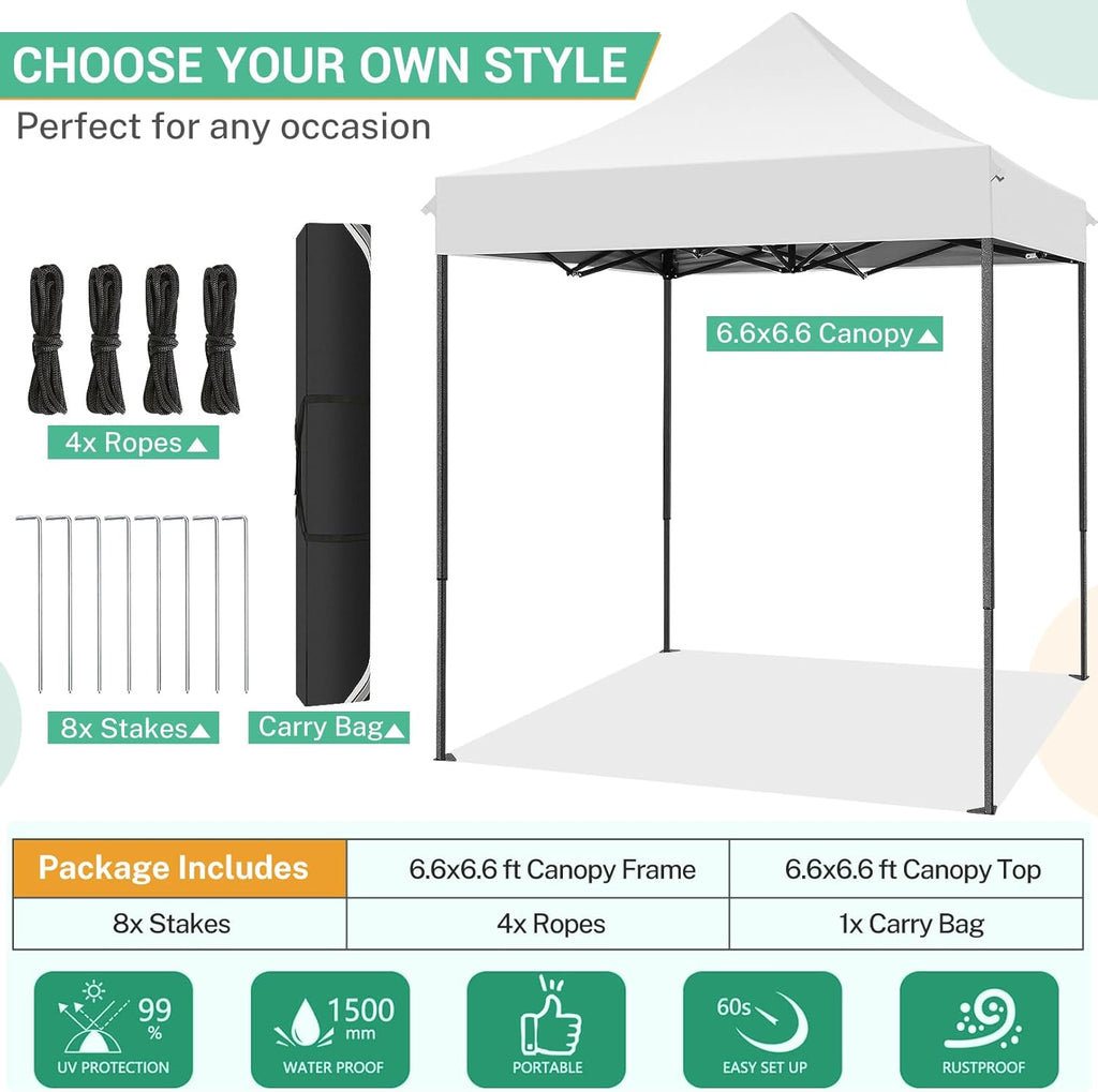 COBIZI 6.6x6.6 Pop up Canopy Tent Heavy Duty Without Sidewalls, Easy Set-up Commercial Outdoor Party Tent, 100% Waterproof Wedding Gazebo, 3 Height Adjustable with Carry Bag, White