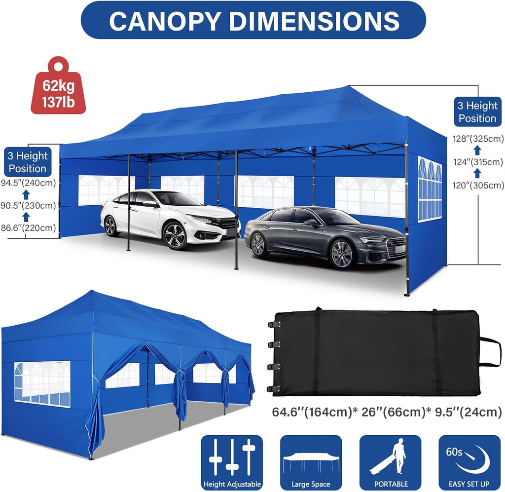 COBIZI 10x30 Pop up Canopy Heavy Duty with 8 Sidewalls, Easy Set-up Commercial Outdoor Party, 100% Waterproof Wedding Canopy Gazebo, 3 Height Adjustable with Wheeled Bag, Blue