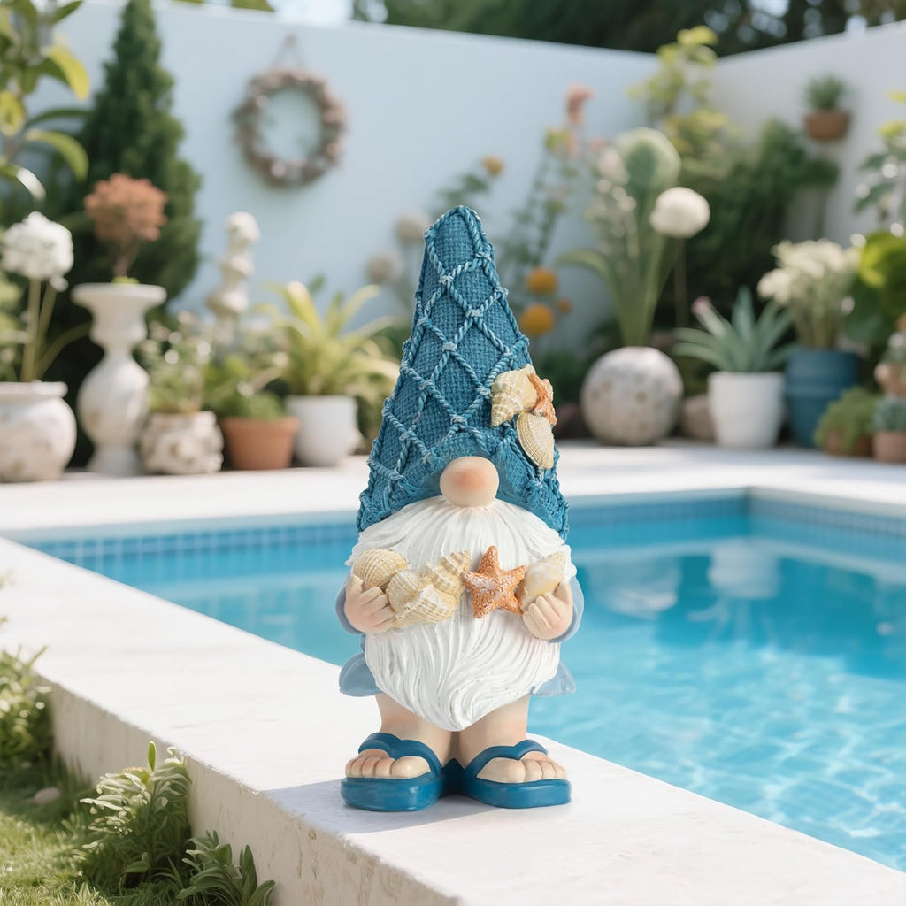 Garden Sea Gnome Statue Decoration Indoor Resin Beach Gnome Sculpture for Home Office Desktop Bathroom, Summer Pool Decoration Gifts (Holding a Shell)