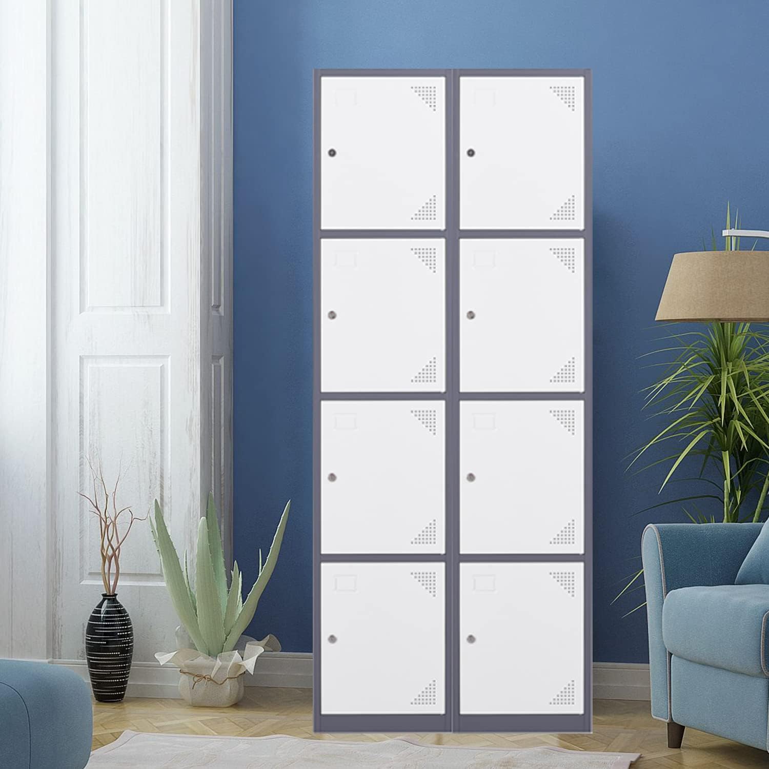 Metal Locker with 4 Doors, 71'' Lockers for Employees Steel Storage Locker, Lockable Locker Cabinet for School, Gym, Home Office and Garage（Grey White） (Rectangular)