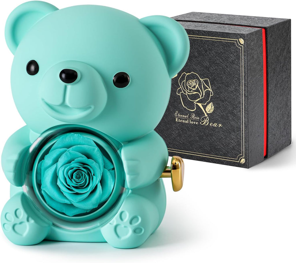 Cute Teddy Bear with Preserved Rose - A Real Rose Flower in Bear with Elegant Gift Box - Romantic Gift for Her in Mother's Day, Weddings, Anniversaries, and Bridal Showers (Blue)