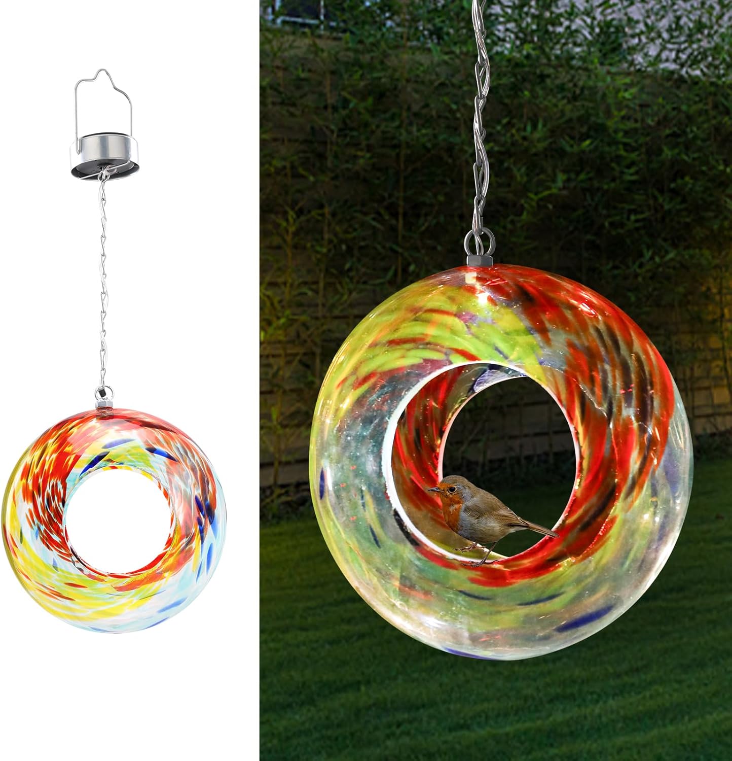 VCUTEKA Bird Feeder Solar Fly Through Bird Feeders for Outside Hanging with Round Shape Glass Container to Attract Wild Birds for Garden Decor, Solar Birdfeeder as Gift for Lovers, Red 8-Inch