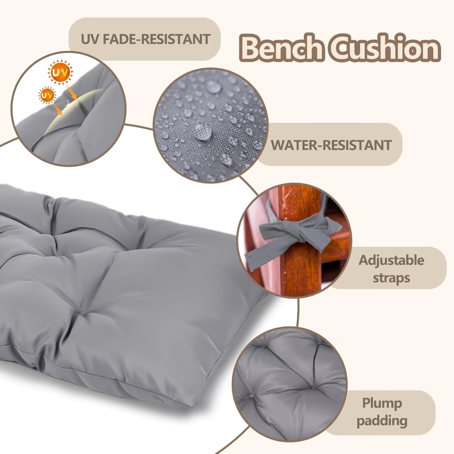 39.3in Waterproof Indoor/Outdoor Garden Bench Seat Cushions，Thicken Patio Bench Soft Rocking Chairs Pad Lounger Seat for Wicker Loveseat Settee（39.3 X 19.10 in,Light Grey ）