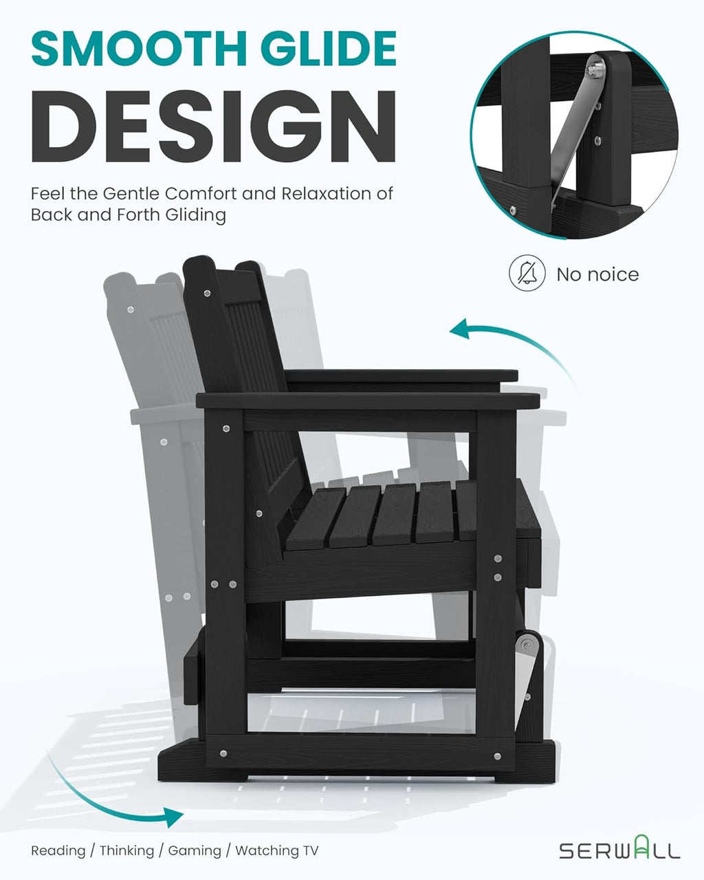SERWALL 2 Person Patio Glider Bench, HDPE Material Weather-Resistant Swinging Bench for Outdoor Porch Garden, Black