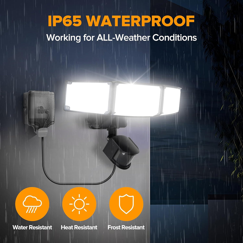 LUTEC 49W Motion Sensor Outdoor Lights, 5500 LM Plug in Flood Light Outdoor, Dusk to Dawn, IP65 Waterproof Security Lighting, 5000K Daylight, Adjustable Wall-Mounted for Garage, Yard, Porch (Black)