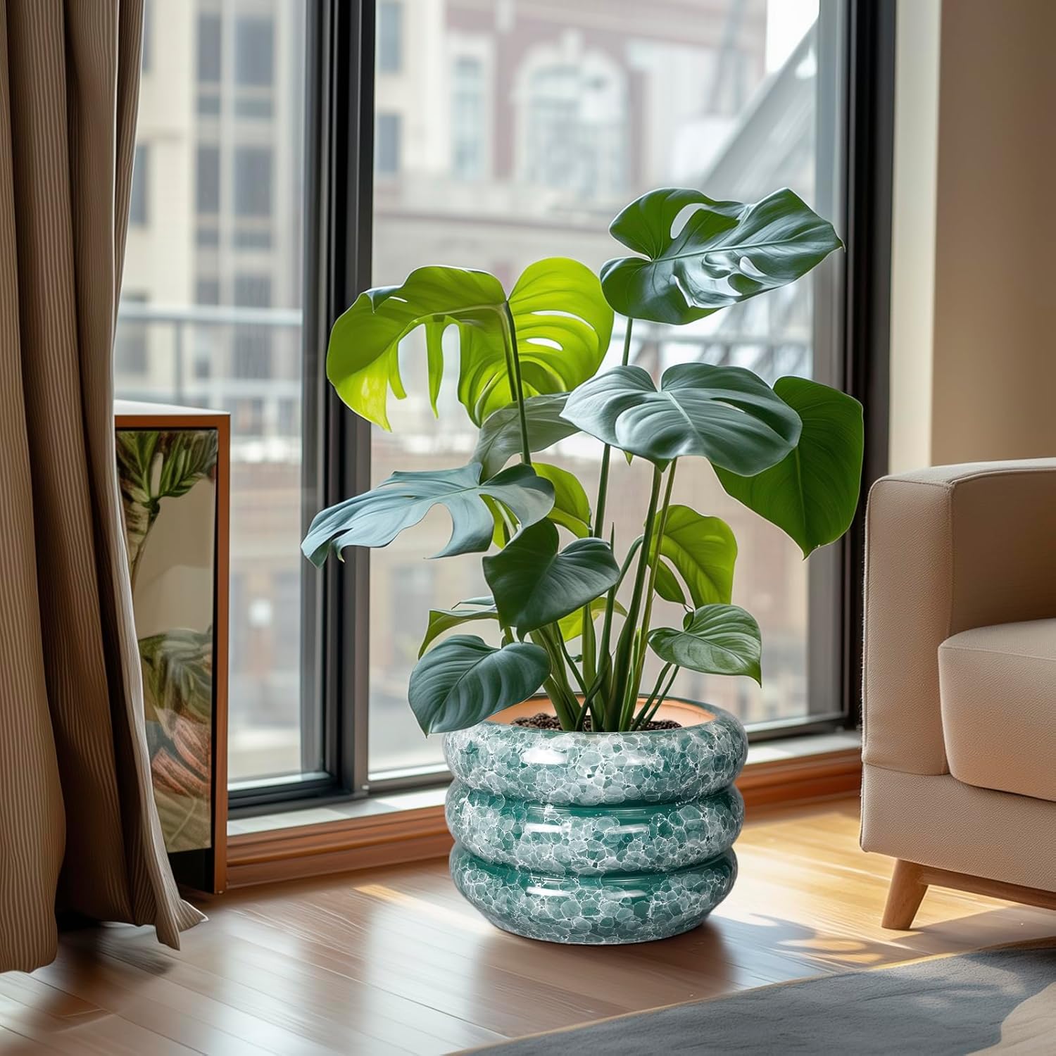 SQOWL Ceramic Planter for Indoor Plants - 10 Inch Plant Pot Indoor with Drainage Hole Large Pot for Plants Outdoor Flower Pot for Patio Decorations Outdoor Green