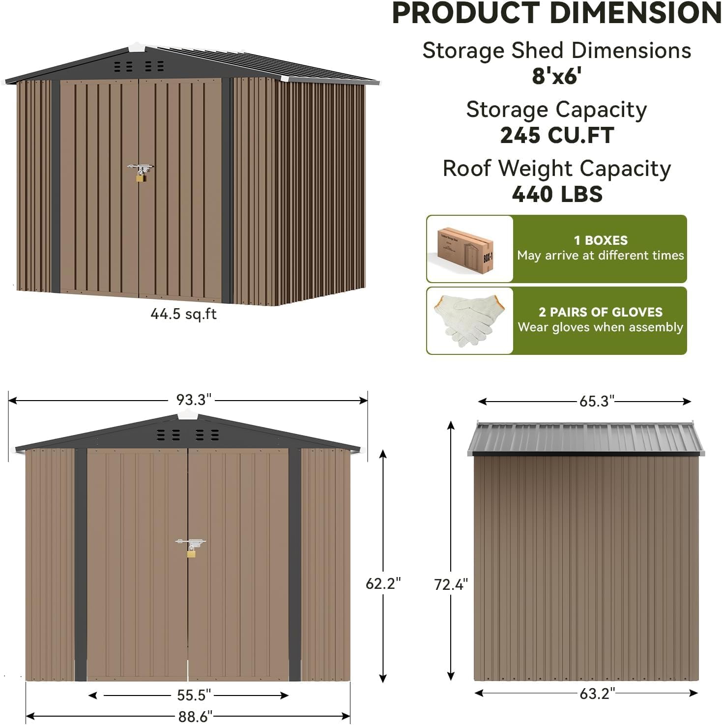 COMHOMA Shed Outdoor Storage Shed Metal,Lockable Doors Tool Sheds with Sloping Roof,Steel Garden Shed with Air Vent for Backyard,Patio,Lawn,Poolside (Brown, 8'*6')