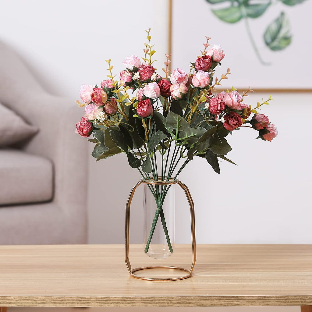 Duovlo 7 Branch 21 Mini Rose Heads Artificial Flowers Bouquet Wedding Home Office Decor,Pack of 2 (2 PCS Pink)