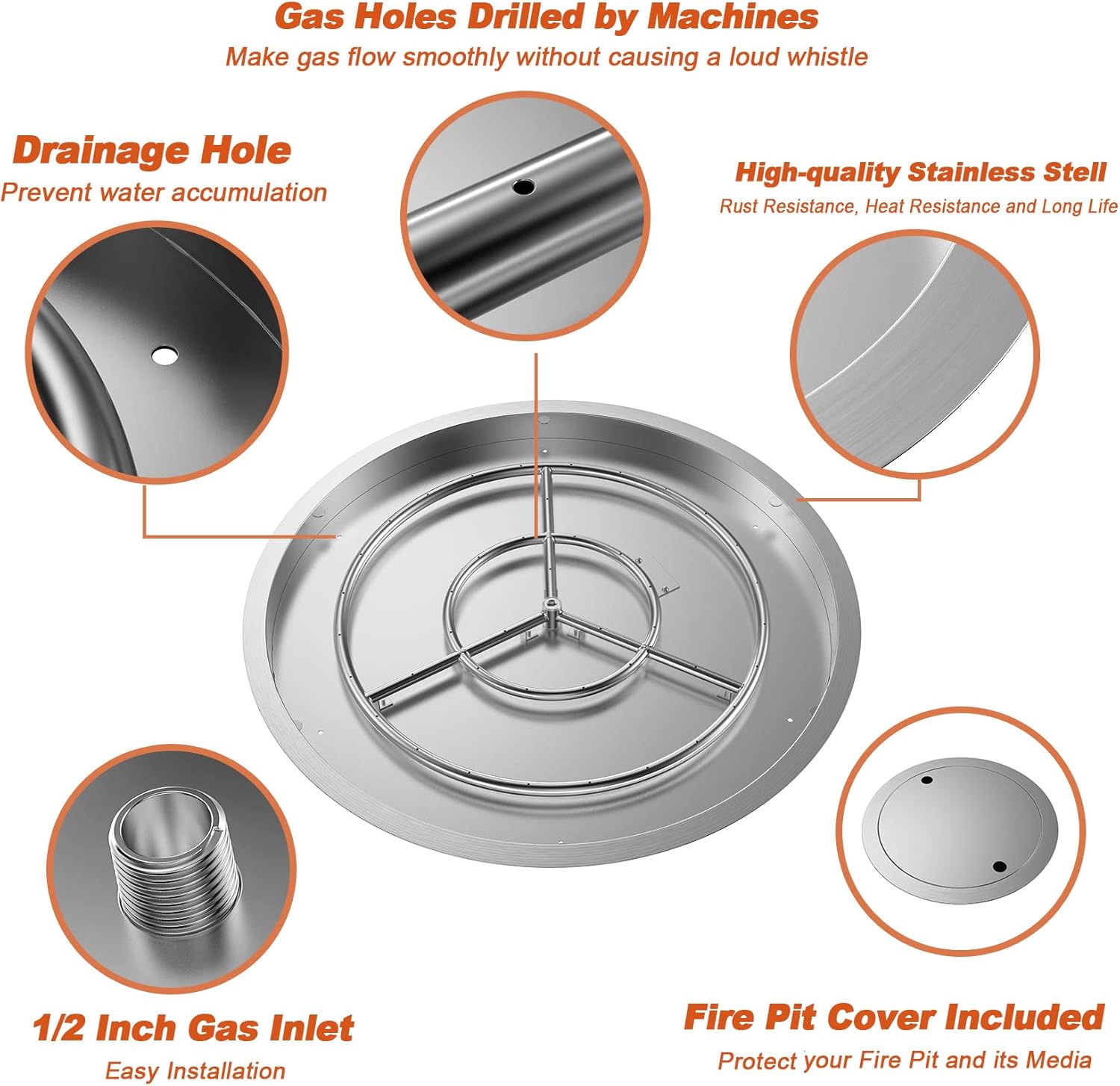 Skyflame 31" x 31" Round Stainless Steel DIY Drop-in Firepit System Assembly Set, Including Fire Pit Pan Fire Bowl with Burner Ring and Protective Cover