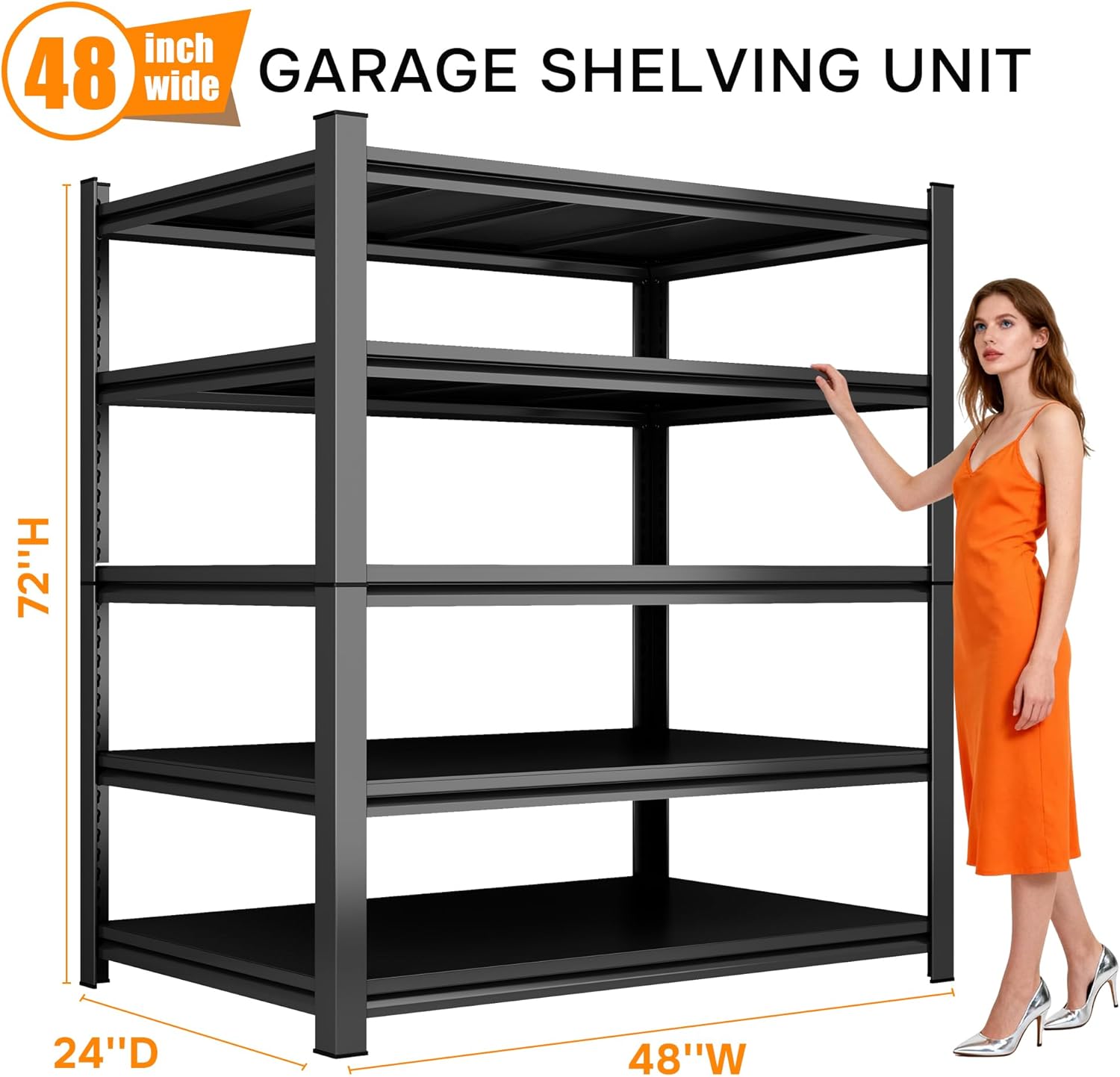 72''H Garage Shelving Heavy Duty Garage Storage Shelves, 3000 LBS Adjustable 5 Tier Industrial Shelving Unit, Metal Utility Shelf for Basement, Warehouse and Workshop (72''Hx48''Wx24''D, Black)