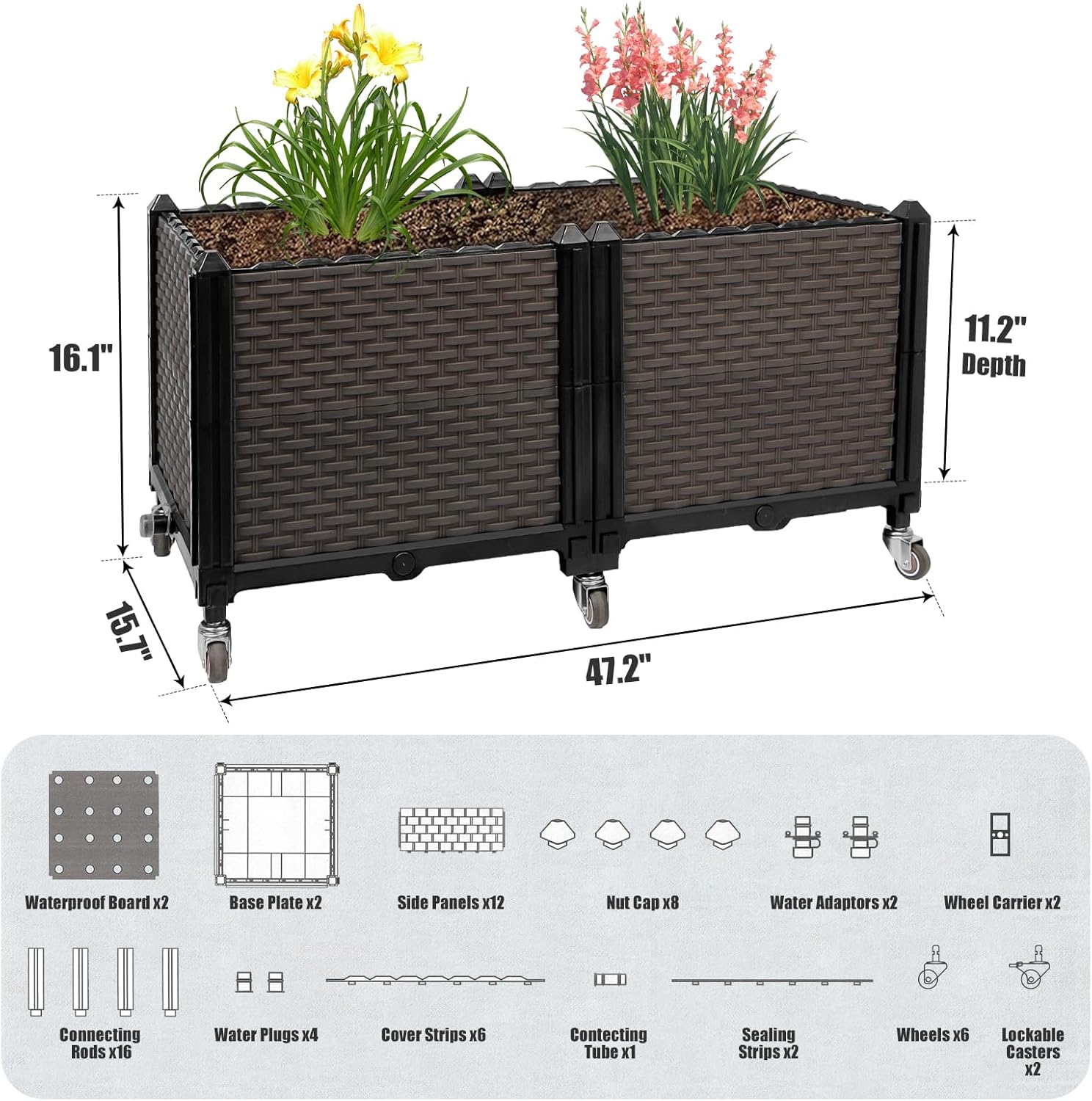 Raised Plant Box with Wheels 31.5"x15.7"x16.1", Raised Beds for Gardening Self Watering, Durable Metal Lockable Casters, Rectangular Garden Planter Perfect for Garden Patio Balcony Deck