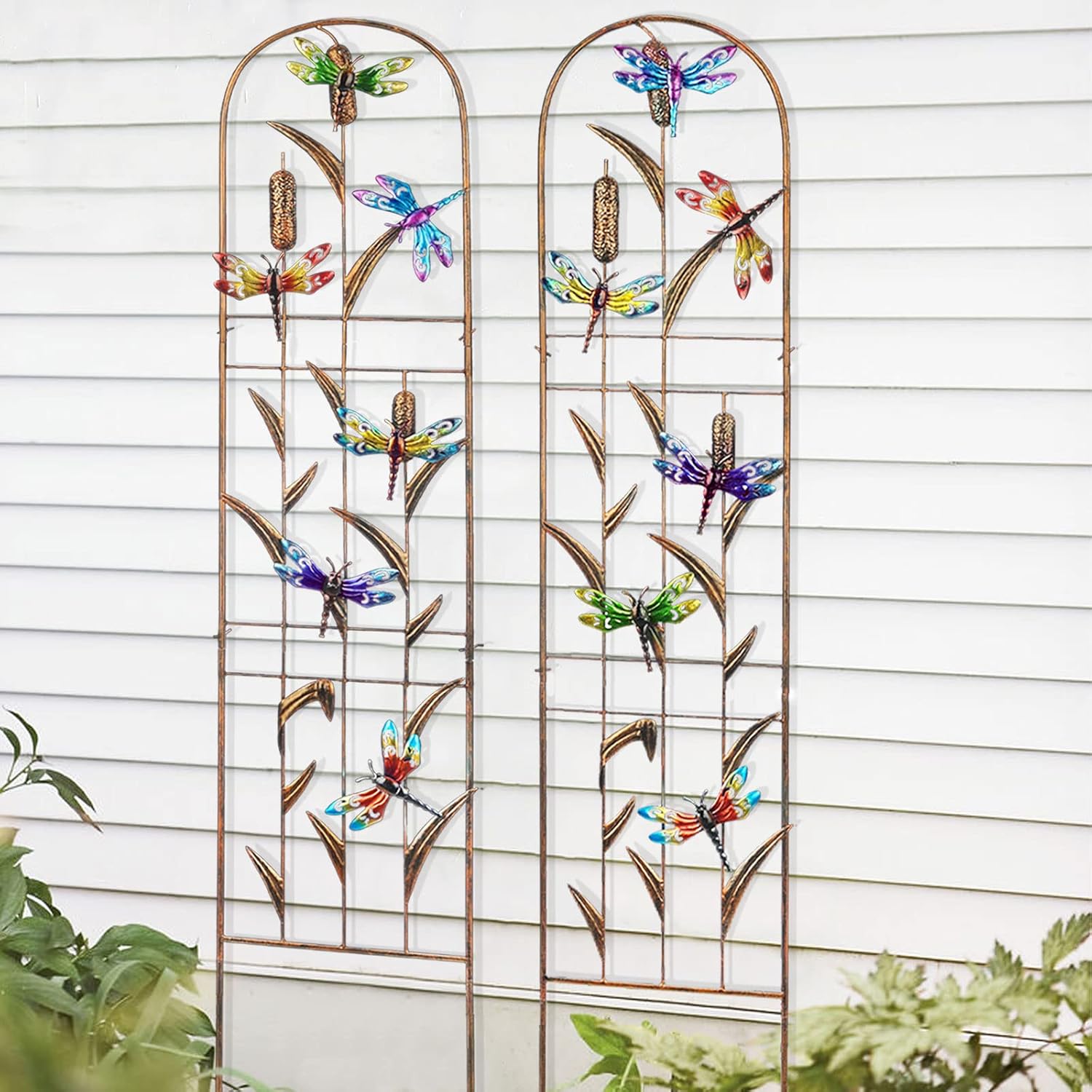 LEWIS&WAYNE 2 Pack Metal Garden Trellis with Colorful Dragonfly 60 Inch High Outdoor Decoration Arched Fence Trellis for Climbing Plants for Patio, Lawn, Yard, Backyard, Wall Brackets