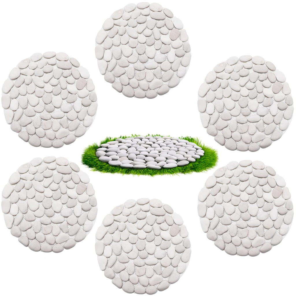 10in River Rock Stepping Stones Set - 6 Pack | Polished Pebble | Long-Lasting PVC Mesh Backing | Perfect for Garden Paths and Lawns Outdoor Landscaping Decoration | White Circle