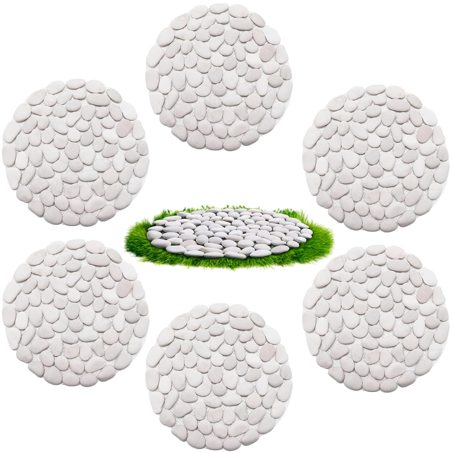 10in River Rock Stepping Stones Set - 6 Pack | Polished Pebble | Long-Lasting PVC Mesh Backing | Perfect for Garden Paths and Lawns Outdoor Landscaping Decoration | White Circle