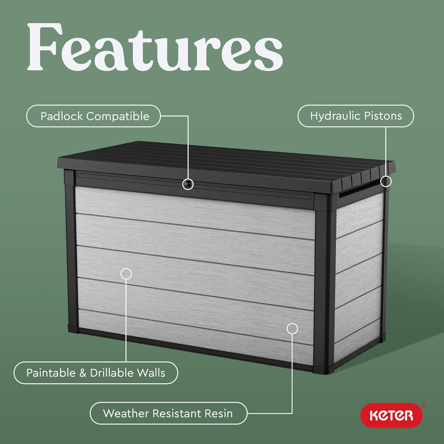 Keter Denali 200 Gallon Resin Large Deck Box with Double Wall 20mm Panels - Paintable and Drillable-Organization and Storage for Patio Furniture and Outdoor Items, Grey & Black