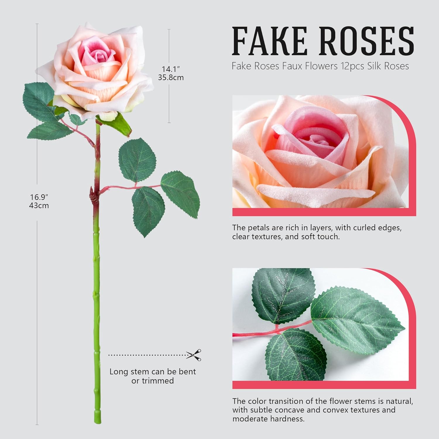 Fake Roses Faux Flowers Silk Roses Artificial Roses with Stems Realistic Artificial Flowers 16.5In Suitable for Indoor Home Decoration DIY Bouquet Wedding Decor Party Decor (12PCS, Pink)
