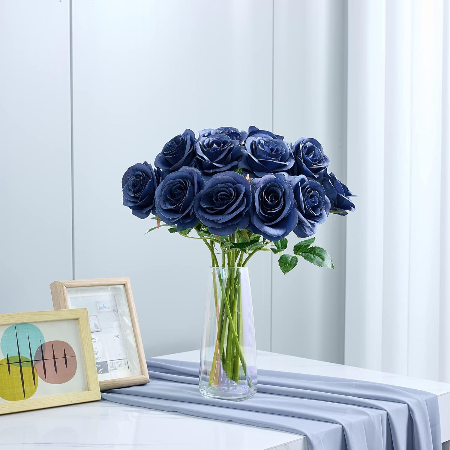 12pcs Roses Artificial Flowers Fake Roses Navy Blue Silk Roses Navy Silk Flowers Rose with Long Stems for Wedding Home Party Centerpieces Decorations