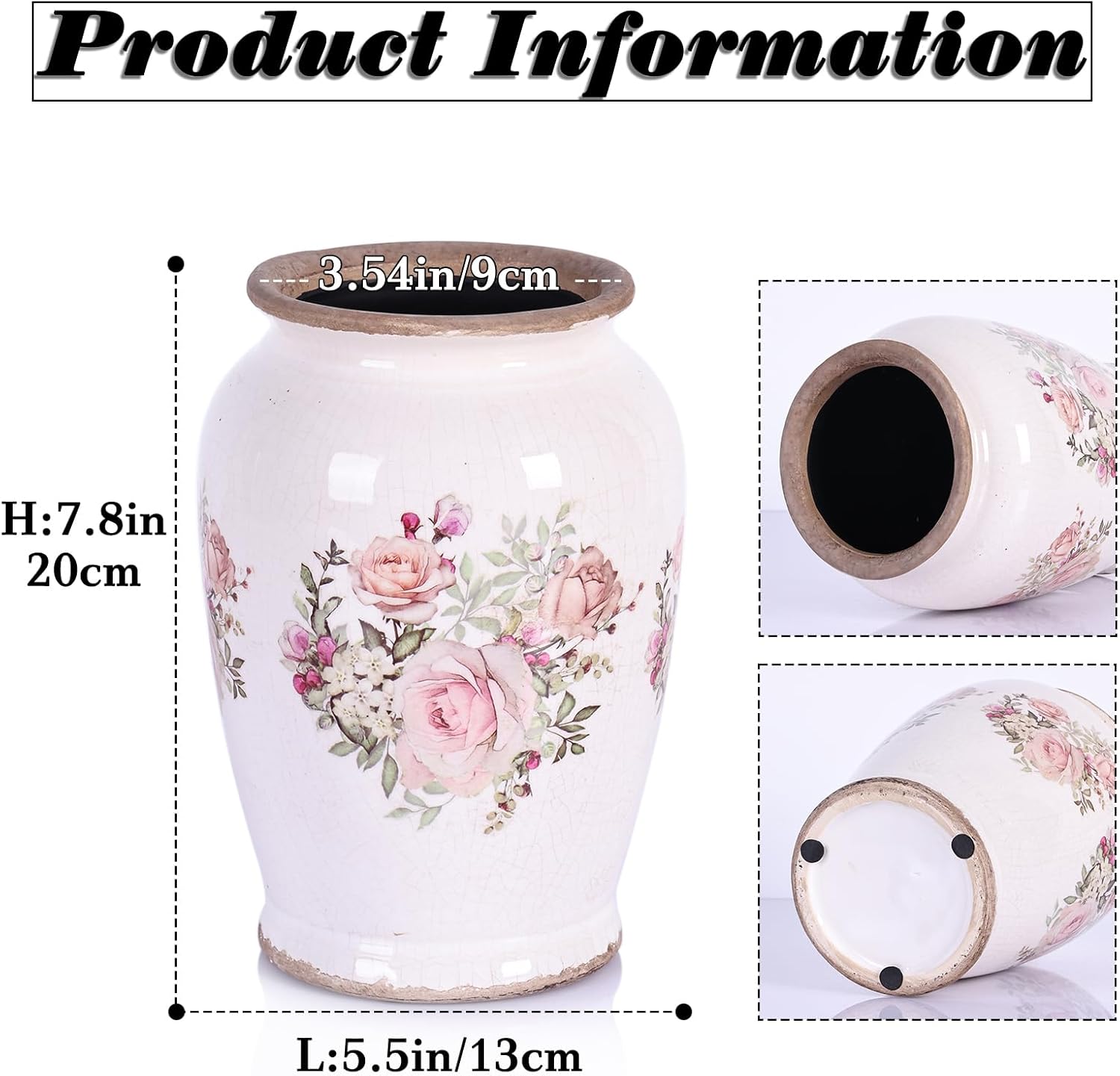 Vintage Vase for Flowers,Pink Chinoiserie Ceramic Vase,Rustic Farmhouse Cracked Vases,for Flower Arrangement,Living Room, Office, Shelf, Fireplace Tables,Centerpieces,Chinoiserie Pottery Decor(A)