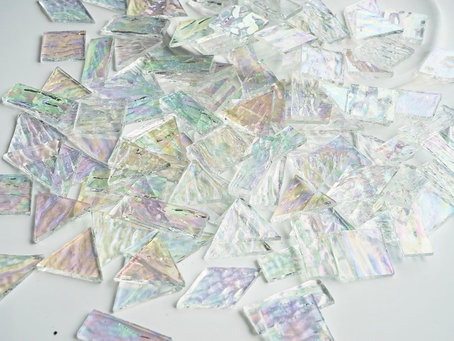 Iridescent Textured Cathedral Glass Mosaic Tiles, 200g Transparent Stained Glass Pieces for Mosaic Art, Pre-Cut for Handmade Crafts, Clear