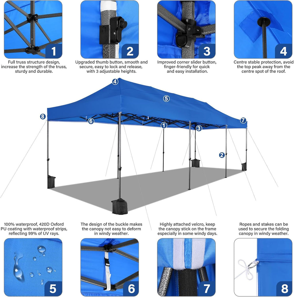 COBIZI 10x30 Pop up Canopy Heavy Duty with 8 Sidewalls, Easy Set-up Commercial Outdoor Party, 100% Waterproof Wedding Canopy Gazebo, 3 Height Adjustable with Wheeled Bag, Blue