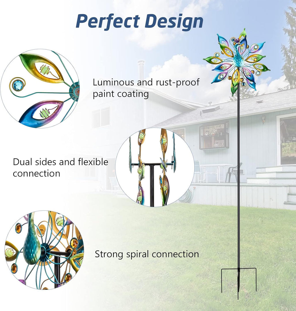 DREAMYSOUL Outdoor Peacock Wind Spinners with Gem Decor, 13" D*65" H Double Sided Kinetic Wind Sculptures & Spinners, Metal Wind Spinners for Yard and Garden