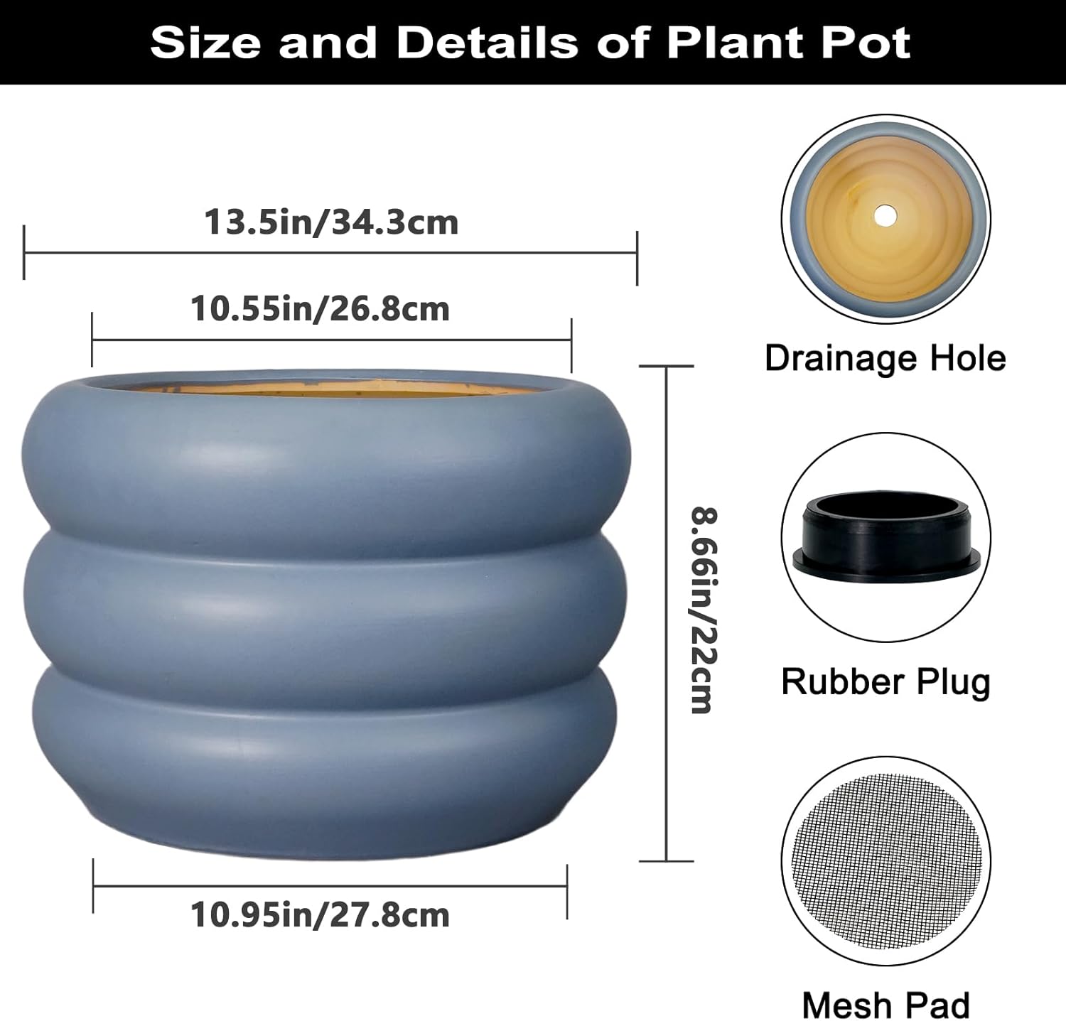 SQOWL Ceramic Planter for Outdoor Plants 13.5 Inch - Plant Pot with Drainage Hole Large Pot for Plants Indoor Unique Round Planter for Entry Way Table Home Decor Gray