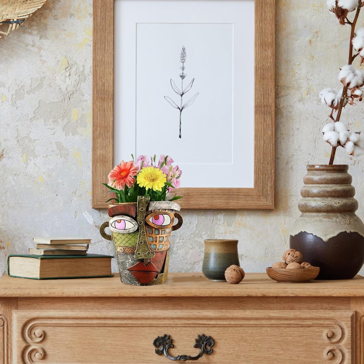 Unique Abstract Face Planters Pots Head,Picasso Brutalist Face Flower Pot Ornaments Head Planter Pots Colorful Art Abstract Resin Flower Pot for Indoor and Outdoor Plants Funny Room Decor(Retro Big)