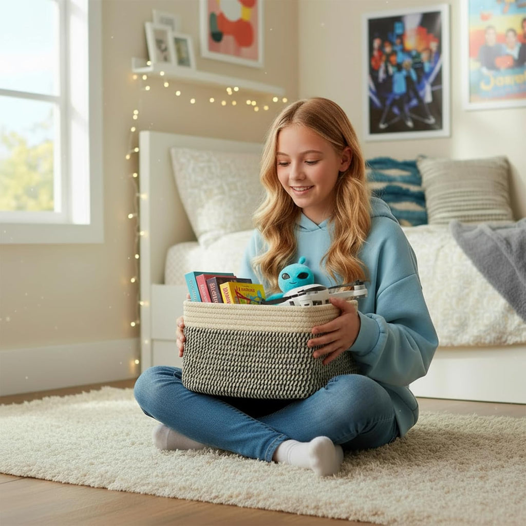 Small Cotton Rope Basket – Storage Bin for Organizing (10.6" x 6.7" x 6.7"), Bathroom Storage Basket for Shelf, Counter & Closet（Camel & Mixed Black）