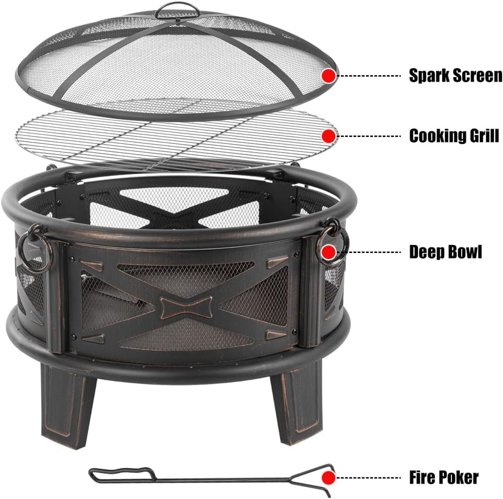 Breezz 26 Inch Wood Burning Fire Pit with Cooking Grill and Spark Screen, Outdoor Metal Round Firepit for Patio, Backyard, Bonfire Party, Camping
