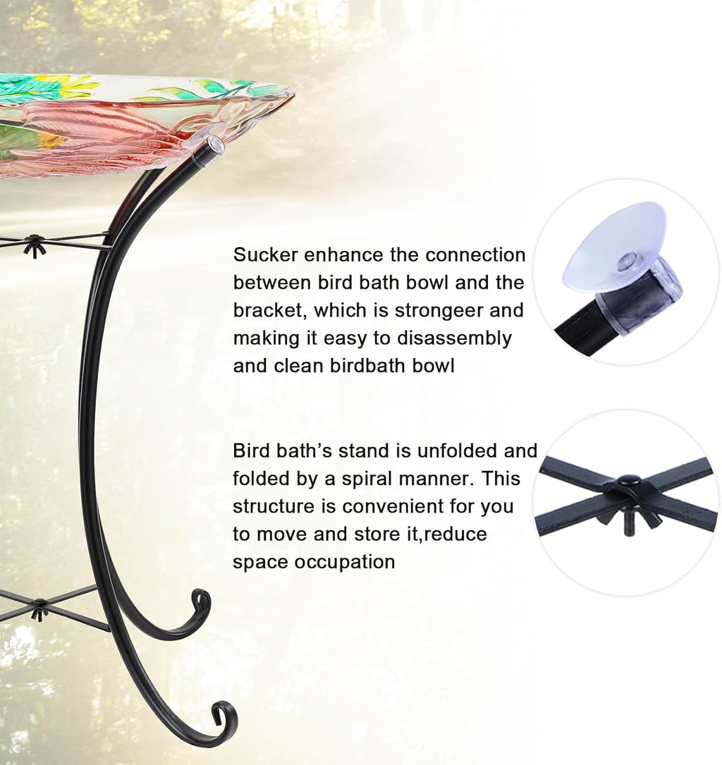 MUMTOP Outdoor Glass Birdbath with Metal Stand for Outside Yard Garden Decor, 18 inch Diameter Flamingo Bird Baths Bowl for Outdoors, 21.65 inch Height