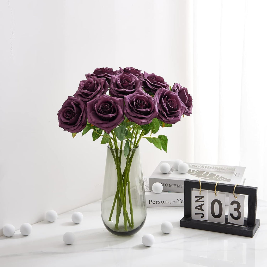 Plum Artificial Rose 10pcs Open Flower Bouquet Faux Rose Stems for Wedding Arrangement, Bridal Bouquet, Centerpiece, Fake Faux Silk Flowers