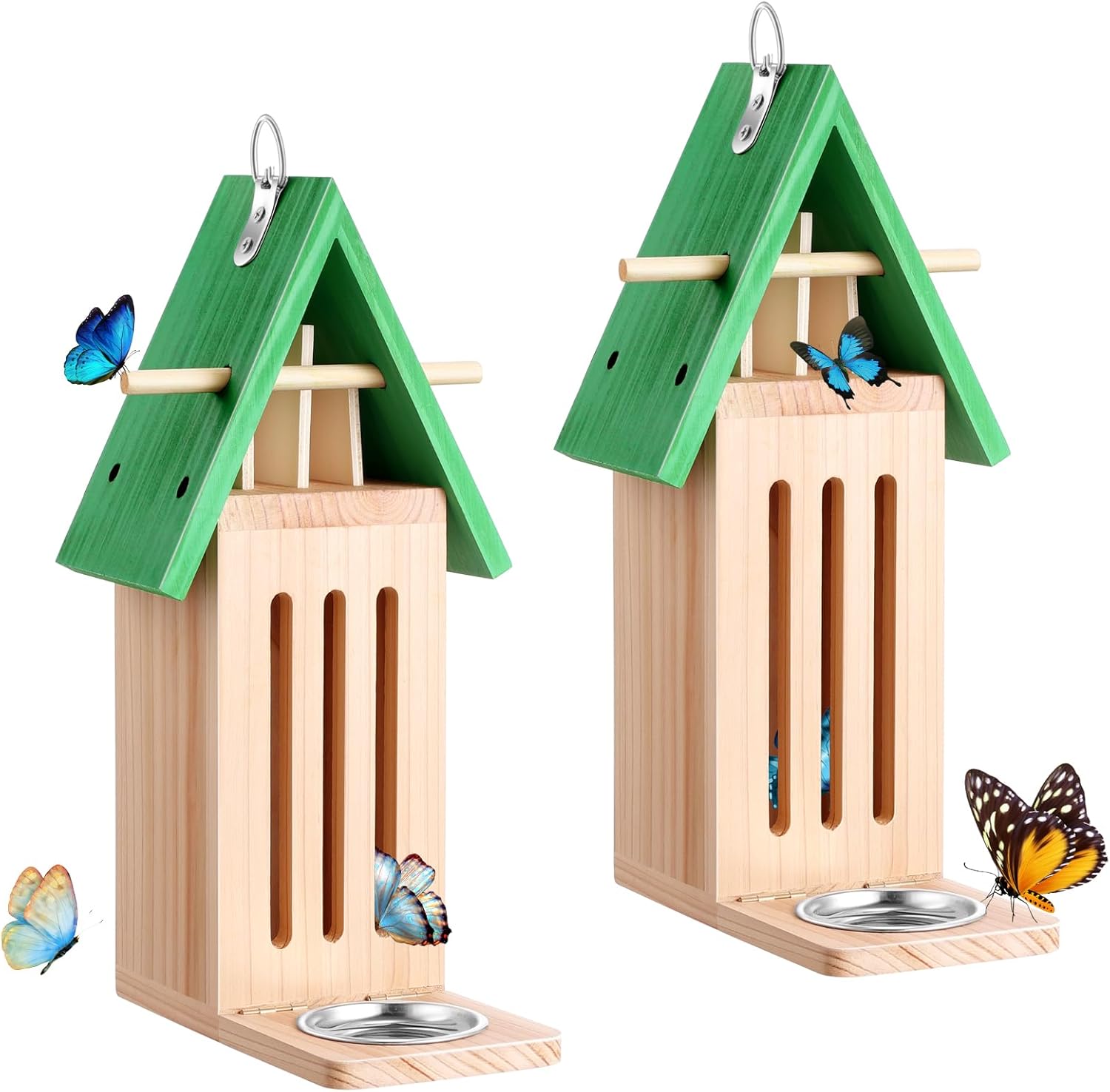 2PCS Butterfly House and Feeder for Outside, Wooden Butterfly House Butterflies Feeder for Garden, Butterflies Habitat with Puddler on Floor or Hanging on Tree Wall