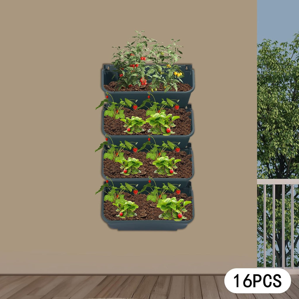Eapmic Vertical Wall Planter with 16 Pots, Hanging Garden Plant Flowerpot Holder, Stackable Wall-Mounted Planter, Balcony Planters for Flowers Vegetables Fruits (Army Green, 16 Pots)