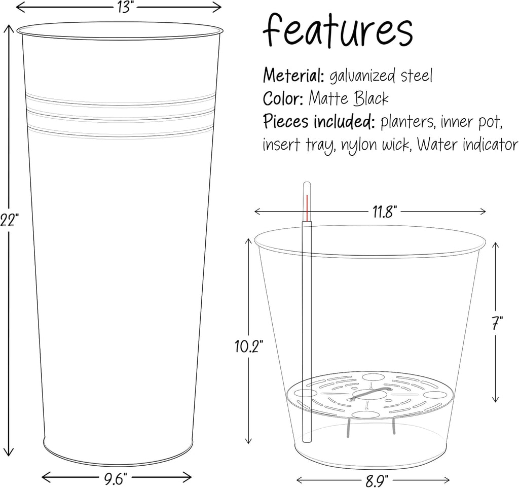 KOL 22''H 2-Pack Planter with Water Level Indicator - Galvanized Steel Pot - Self Watering Planters Flower Pot for Plant - Inner Pot Design - Round Metal Planter Box - Indoor Outdoor Planting - Black