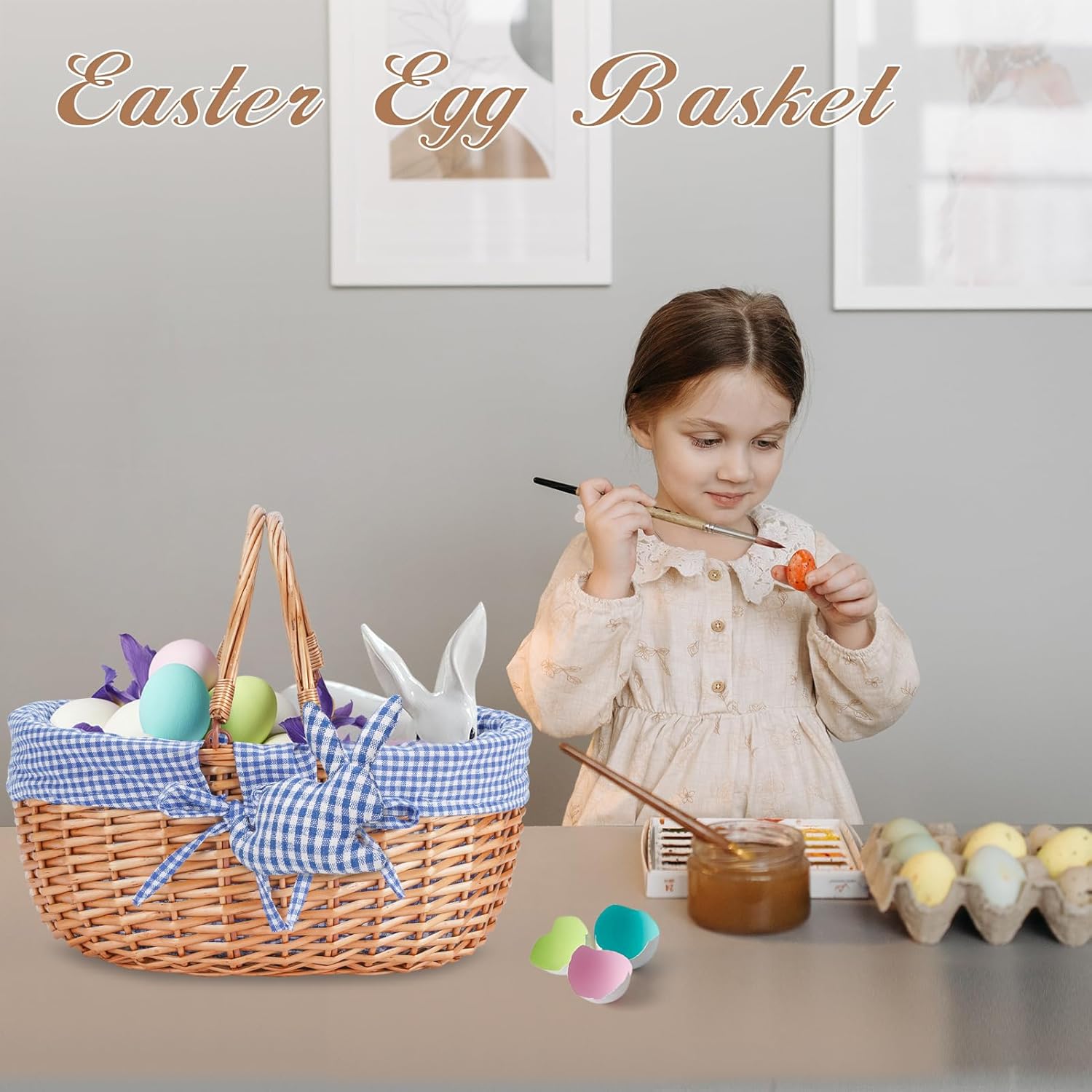 G GOOD GAIN Wicker Picnic Basket with Double Folding Handles,Willow Picnic Hamper,Natural Hand Woven Easter Basket,Easter Eggs and Candy Basket,Bath Toy and Kids Toy Storage,Gift Packing Basket.Blue