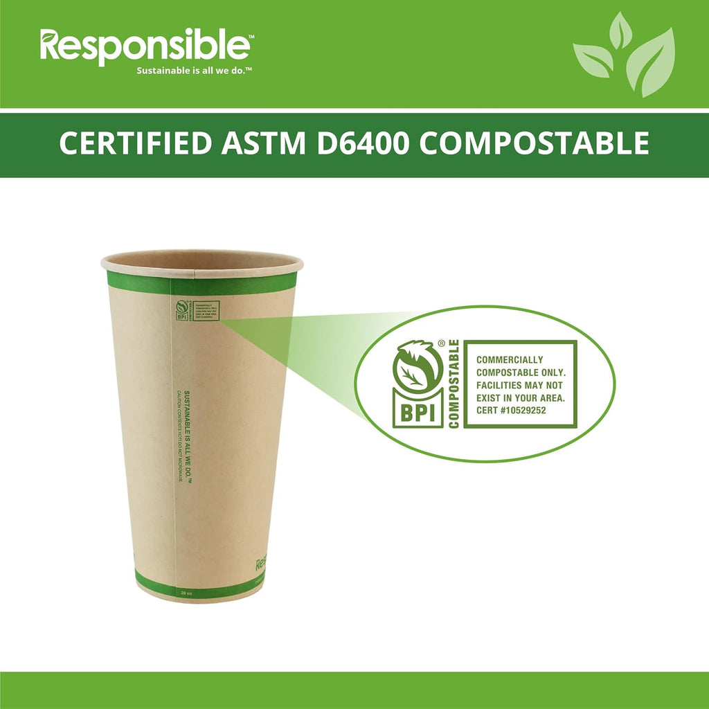 Certified Compostable 20 oz Paper Cups, Cold ＆ Hot Coffee Cups, Disposable Paper Cups, Extra Strength Disposable Cups, Made without PFAS (50 count)
