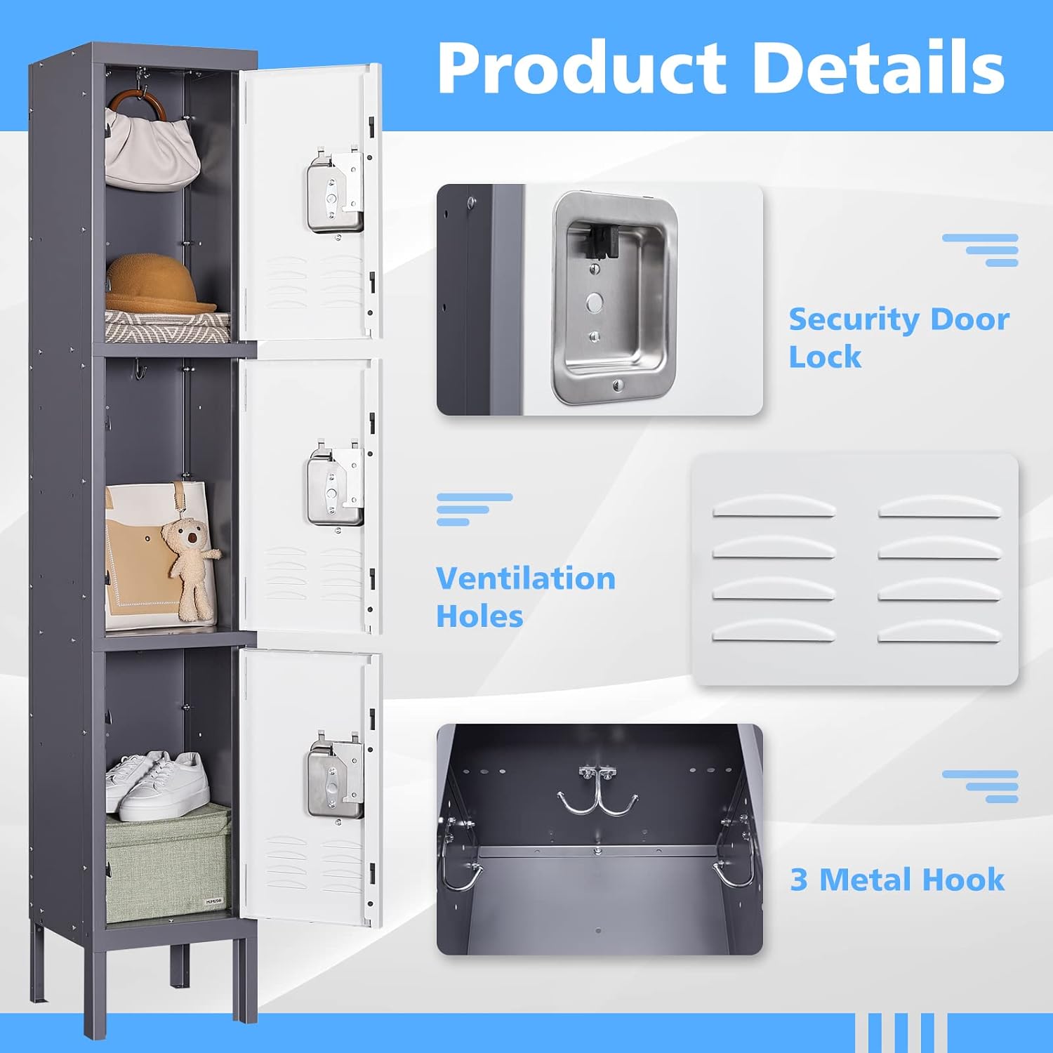 Letaya Storage Locker,66" Employees Metal Cabinet 3 Door Lockable for School Gym Home Office Staff