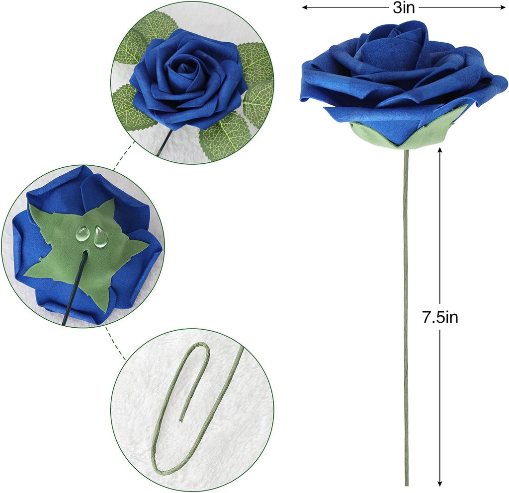 AmyHomie Artificial Flower Royal Blue Rose 25pcs Real Looking Fake Roses w/Stem for DIY Wedding Bouquets Centerpieces Arrangements Party Baby Shower Home Decorations
