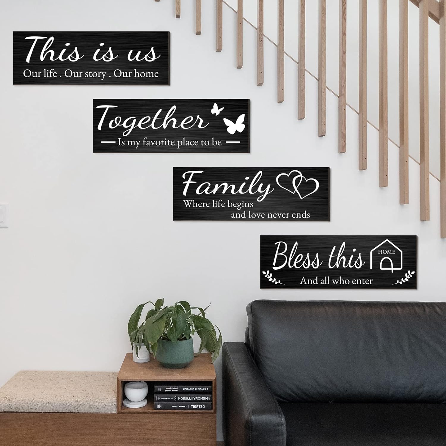 Joyhawk 4 Pieces Home Wall Decor Signs, THIS IS US/TOGETHER/BLESS THIS HOME/FAMILY Wall Decor For Living Room Bedroom, Rustic Wooden Farmhouse Wall Art Decor, 4.7 x 13.8 Inch(Black)