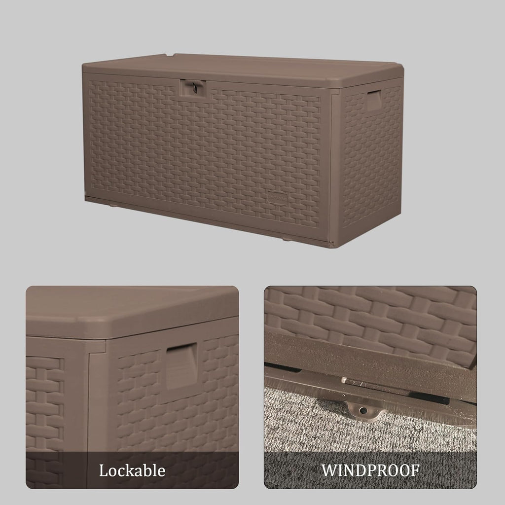 73 Gallon Outdoor Storage Box - Waterproof Resin Deck Box for Patio, Pool & Garden, Lockable Outdoor Cushion Storage & Delivery Boxes for Outside, UV-Resistant, Rich Brown