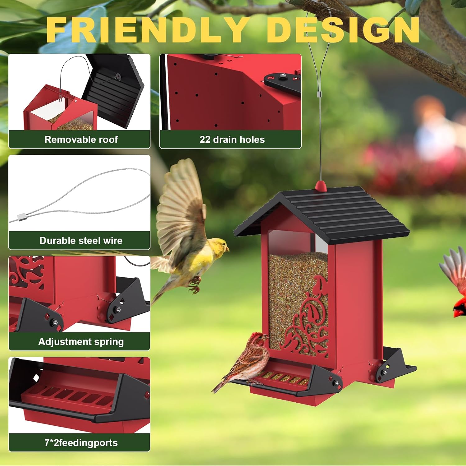 Squirrel Proof Bird Feeder for Outdoor Hanging,Metal Bird Seed Feeder with Bilateral Weight Activated Perches,5LB Large Capacity Wild Bird Feeders for Outside,Easy Refill and Clean,Red