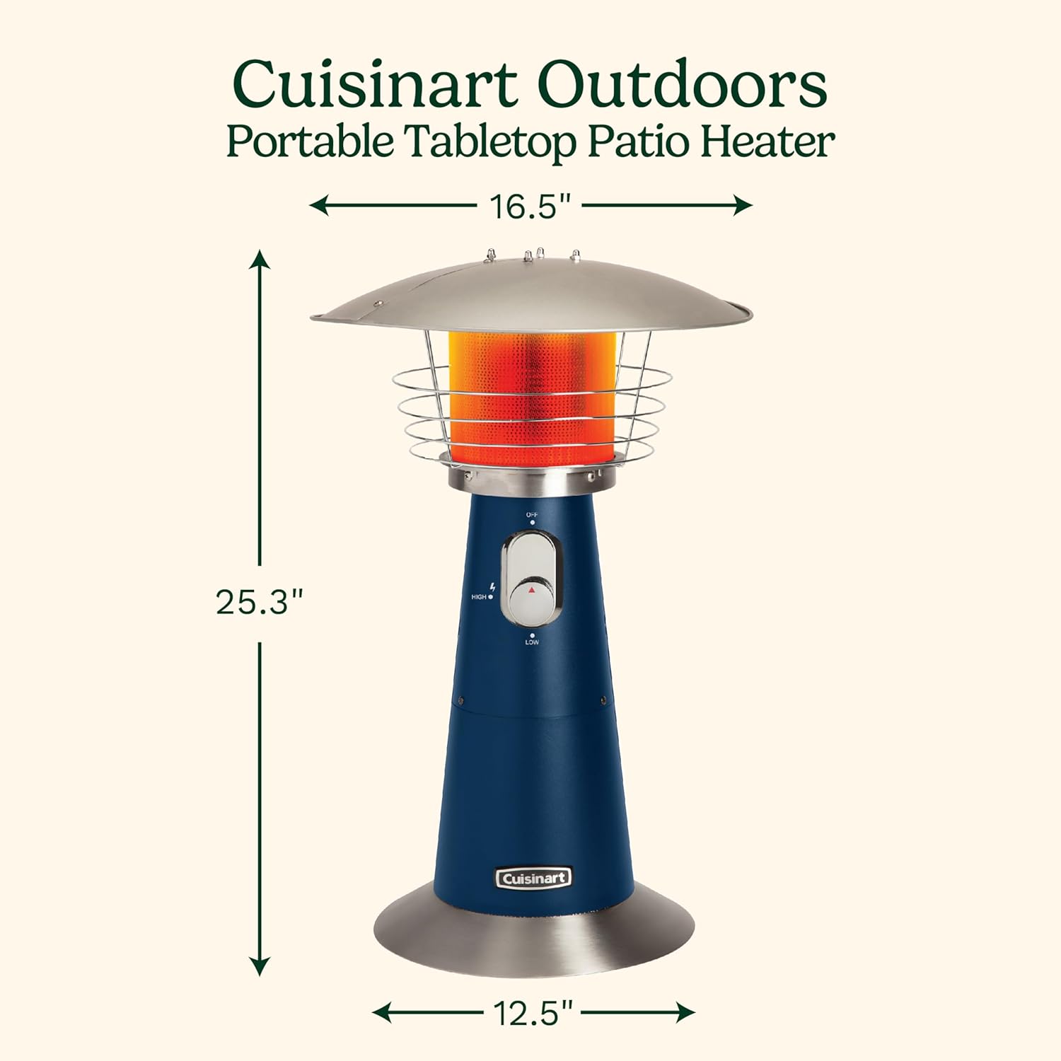 Cuisinart Portable Tabletop Patio Heater, 11,000 BTU Outdoor Propane Heater with Safety Tilt Switch and Adjustable Heat, Burner Screen Guard, 30 sq. Foot Heat Range, Navy