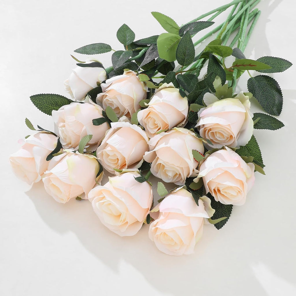 12Pcs Realistic Fake Cream Roses Faux Flowers with Long Stems, Artificial Silk Rose Flowers for Valentines Day Home Wedding Decor Bridal Bouquet